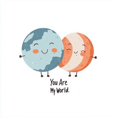 Wall Mural - Cartoon illustration of the Earth and a smiling crescent moon with the text 'You Are My World.'