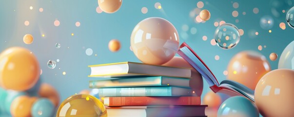 Poster - 3d illustration of a pile of books topped with a large sphere, with additional spheres hovering in the background