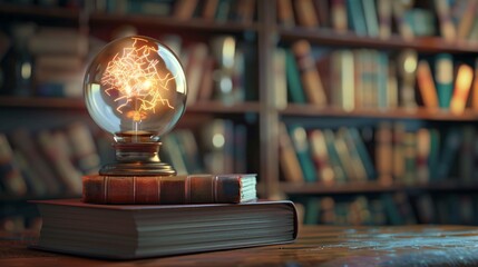 Aufkleber - Old library is illuminated by a glowing plasma ball resting on a pile of books