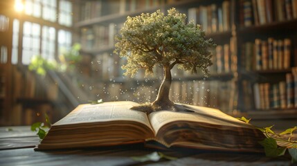 Poster - Tree growing from open book representing knowledge and education in a library