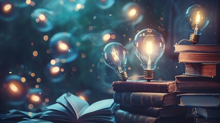 Leinwandbilder - Light bulbs glowing on top of old books with a magical background suggesting a source of knowledge