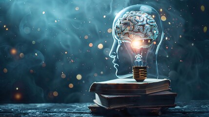 Poster - Light bulb with brain inside resting on top of old books suggesting studying and imagination