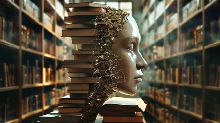 Fototapete - In a library, a stack of books with glowing lights surrounds a human head statue