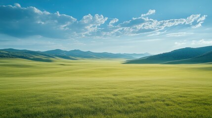 Wall Mural - Serene green valley landscape under a blue sky with puffy clouds.