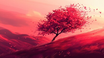 Wall Mural - Heart Shaped Leaves Adorn A Solitary Tree On A Hill