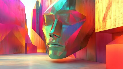 Poster - Abstract Colorful Sculpture of a Face in a Vibrant Urban Setting During Daylight
