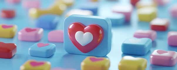 Poster - Stand out from the crowd with a heart: blue rounded square on a vibrant background of colorful squares