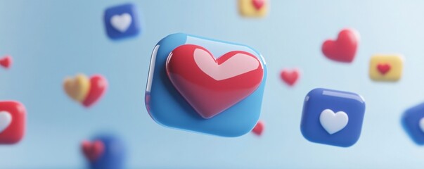 Leinwandbilder - 3d rendering of a red heart icon on a blue rounded square, surrounded by various colorful icons, floating against a blue backdrop