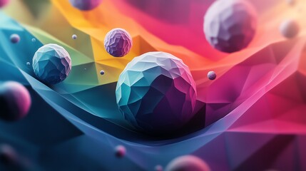 Poster - Colorful Geometric Spheres Float Through a Vibrant Abstract Space With Dynamic Gradients Creating an Energetic Atmosphere