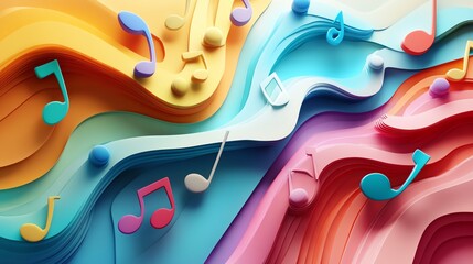 Poster - Colorful Musical Notes Dancing Through Vibrant Waves of Paper in an Abstract Art Composition