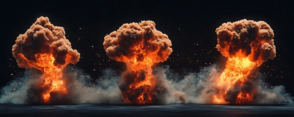 Wall Mural - a series of realistic, big explosion effects with fire and smoke isolated on a black background, per