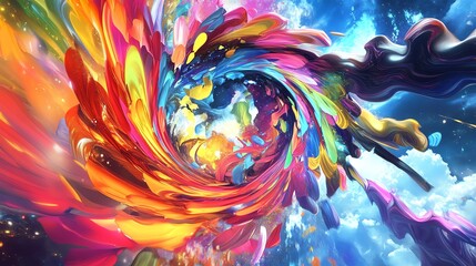 Poster - Vibrant Abstract Swirl Showcasing a Dynamic Mix of Colors Against a Celestial Background During a Fantastical Display of Art