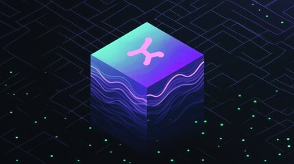 Wall Mural - Isometric cube with X symbol, glowing neon lines, digital background.