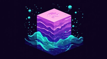 Wall Mural - Isometric neon cube with layered texture submerged in glowing water.
