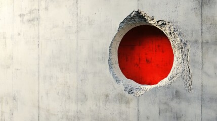 Poster - Round hole is revealing a red background in a concrete wall