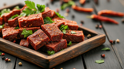 Poster - Deliciously arranged pieces of dried meat on wooden tray, garnished with fresh herbs and spices, creating appetizing display for food lovers