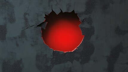 Poster - Damaged concrete wall with a circular hole is emitting a bright red light
