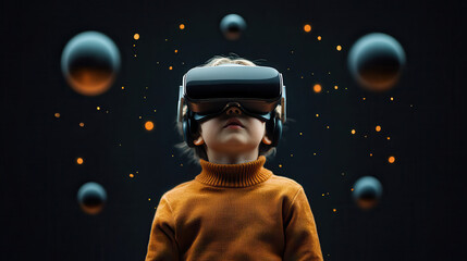 Poster - child wearing virtual reality glasses, immersed in digital world with floating spheres. scene captures wonder and curiosity in futuristic setting