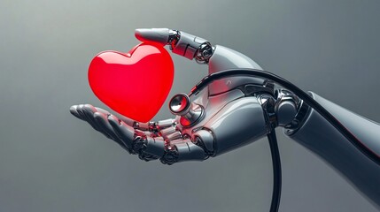 Aufkleber - The future of healthcare: a robotic hand with a red heart and a stethoscope