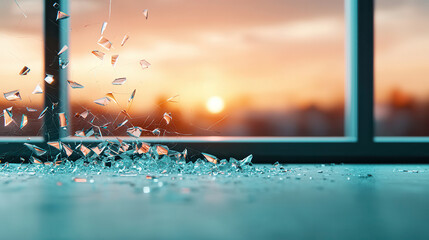 Aufkleber - close up of shattered glass scattered on surface, with beautiful sunset in background, creating dramatic and emotional scene