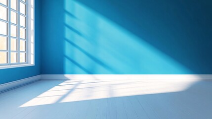 Aufkleber - Sun shining through window onto blue wall and white floorboards in empty room