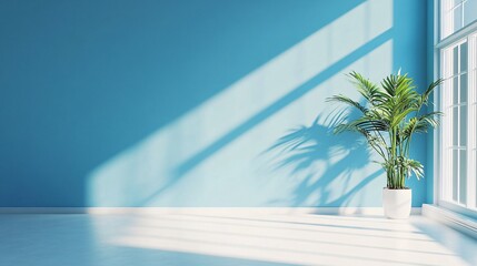 Poster - Sunlight casting shadows from window with plant in blue room