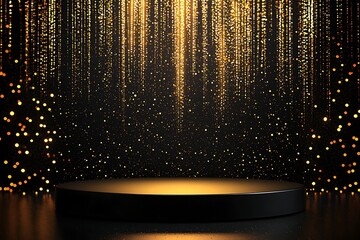 Wall Mural - a sleek black podium with a spotlight illuminating the stage, set against a golden glittering backgr