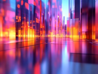 Poster - Vibrant Abstract Cityscape With Colorful Reflections and Luminous Structures at Dawn