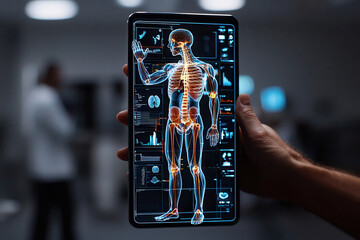 Aufkleber - digital twin of human body displayed on tablet, showcasing anatomical details and health data in mod