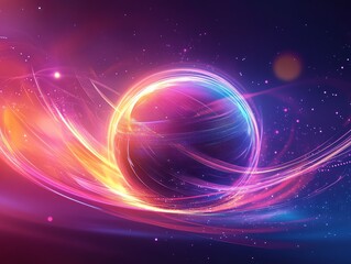 Poster - Vibrant Cosmic Sphere Surrounded by Colorful Light Trails in a Dreamy Starry Setting at Night