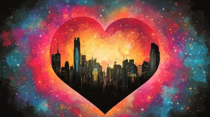 Wall Mural - Cityscape Silhouette Within A Cosmic Heart