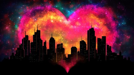 Wall Mural - City Skyline Heart Shaped Cosmic Nebula