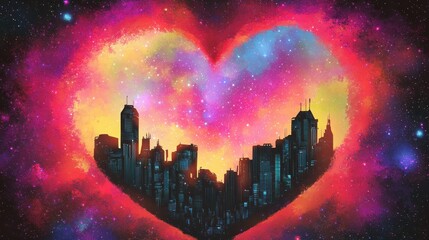 Wall Mural - Cityscape Silhouette Within A Cosmic Heart Shaped Nebula
