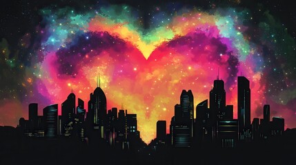 Wall Mural - City Skyline Heart Shaped Nebula Cosmic Love
