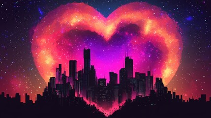 Wall Mural - Cityscape Silhouette Underneath A Cosmic Heart