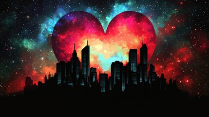 Wall Mural - Cityscape Silhouette Beneath a Heart Shaped Nebula