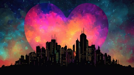 Wall Mural - City Skyline Heart Shaped Cosmic Night Sky