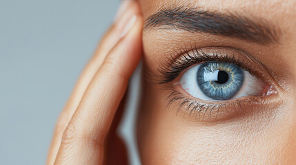 Poster - focused close up of piercing blue eye, showcasing intricate details and textures, evokes sense of curiosity and wonder