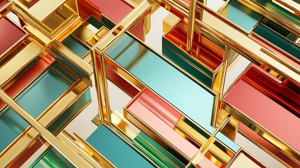 Poster - Colorful Abstract Composition of Interwoven Golden and Tinted Rectangular Frames in a Modern Design Setting