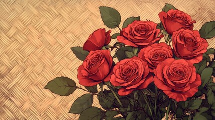 Wall Mural - A Bouquet of Red Roses on Woven Background