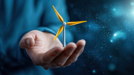 Aufkleber - hand holding small wind turbine model symbolizes renewable energy and innovation. vibrant colors and cosmic background evoke sense of hope for sustainable future