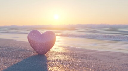 Wall Mural - Heart Shaped Stone on Sandy Beach at Sunset with Calm Waves