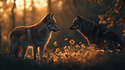 Wall Mural - two coyotes meet at dusk illuminated by golden sunset light in a peaceful scene