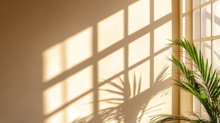 Fototapete - Sunlight casting shadows from window with potted plant on beige wall