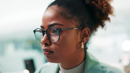 Leinwandbilder - Developer, face and woman on technology for research, project and cybersecurity update in office. Glasses, coding and programmer with computer for web development, programming and building software