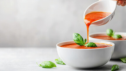 Poster - Creamy tomato soup being poured into white bowl, garnished with fresh basil leaves. minimalistic composition highlights vibrant colors and textures of dish