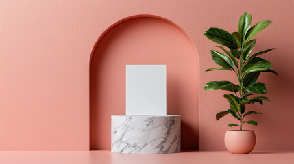 Leinwandbilder - Minimalist product display featuring simple white card on marble pedestal against peach wall, complemented by green plant in pink pot, creating serene atmosphere