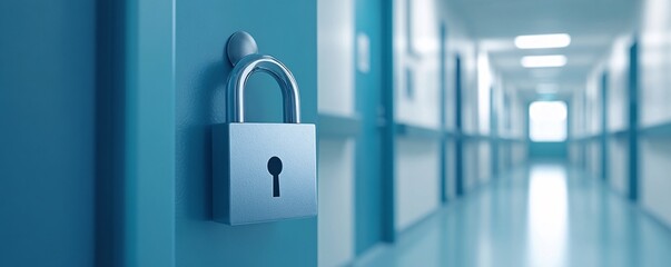Poster - Hospital corridor secured with a padlock symbolizing healthcare safety