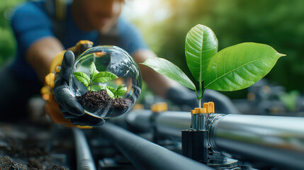 Poster - modern hydrogen pipeline system connected to glass sphere showcasing plant. image highlights sustainable energy and environmental care, emphasizing growth and innovation