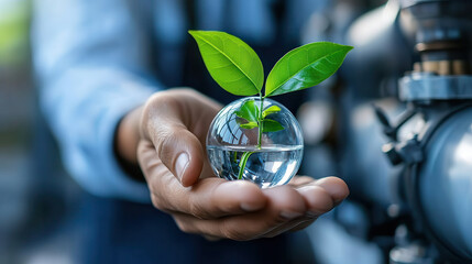 Poster - person holds glass sphere with plant inside, symbolizing sustainability and environmental care. image conveys sense of hope and innovation in green technology